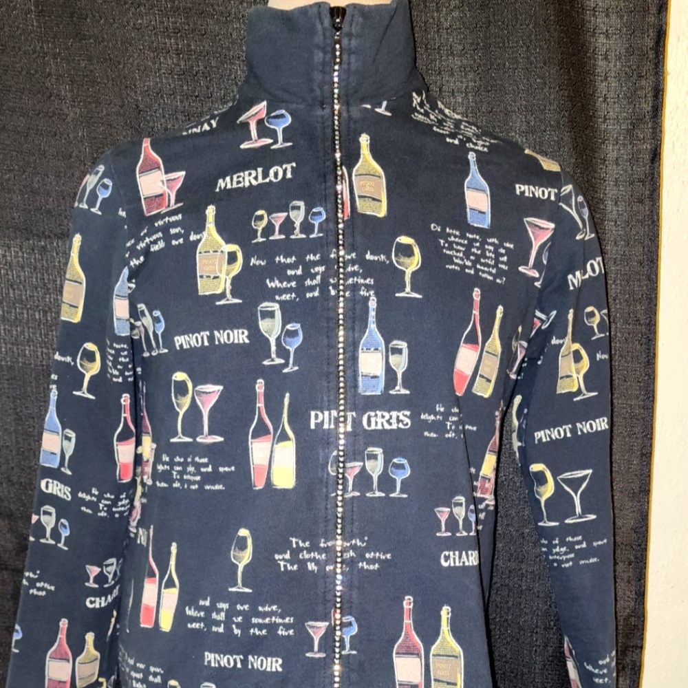 Vintage Jess & Jane French Terry Jacket  Small Zip Front Wine Bottle Theme Blue